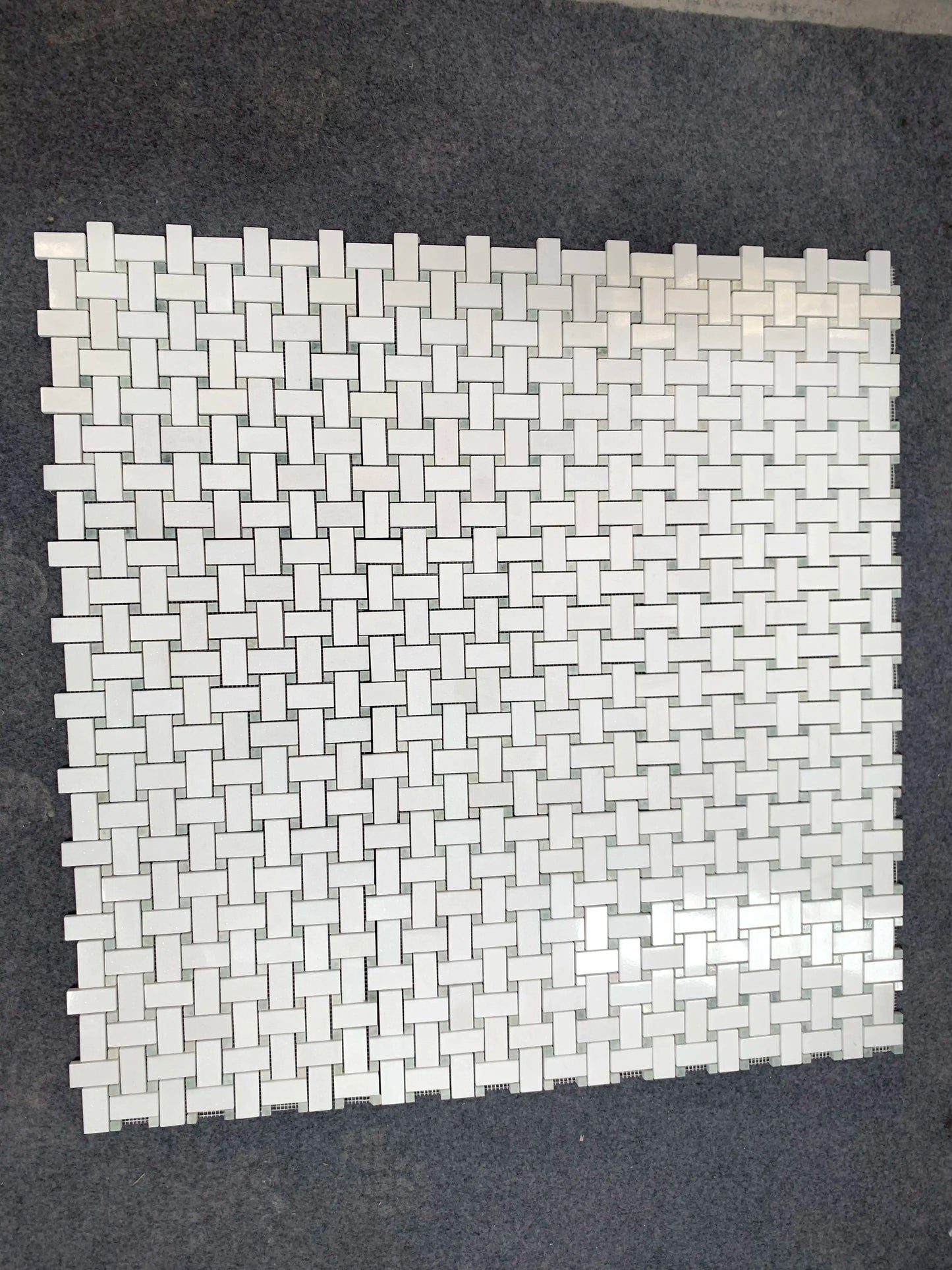 Thassos White 3/8 Basketweave Marble Mosaic w/ Ming Green Dots