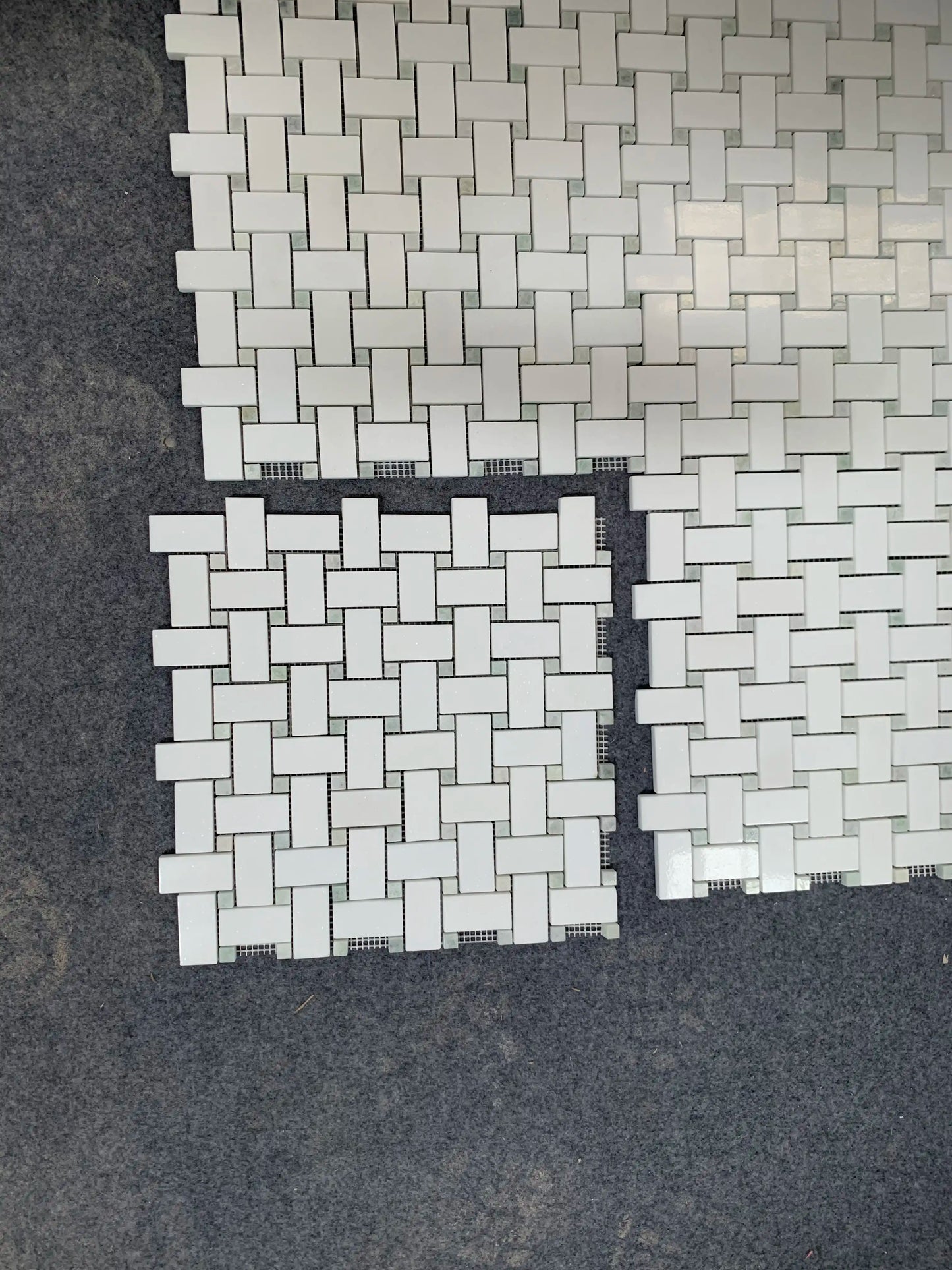 Thassos White 3/8 Basketweave Marble Mosaic w/ Ming Green Dots