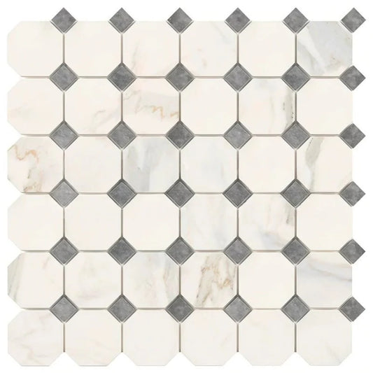 Calacatta Gold (Italian) Marble Octagon (w/ Blue-Gray) Mosaic - 3/8 Honed