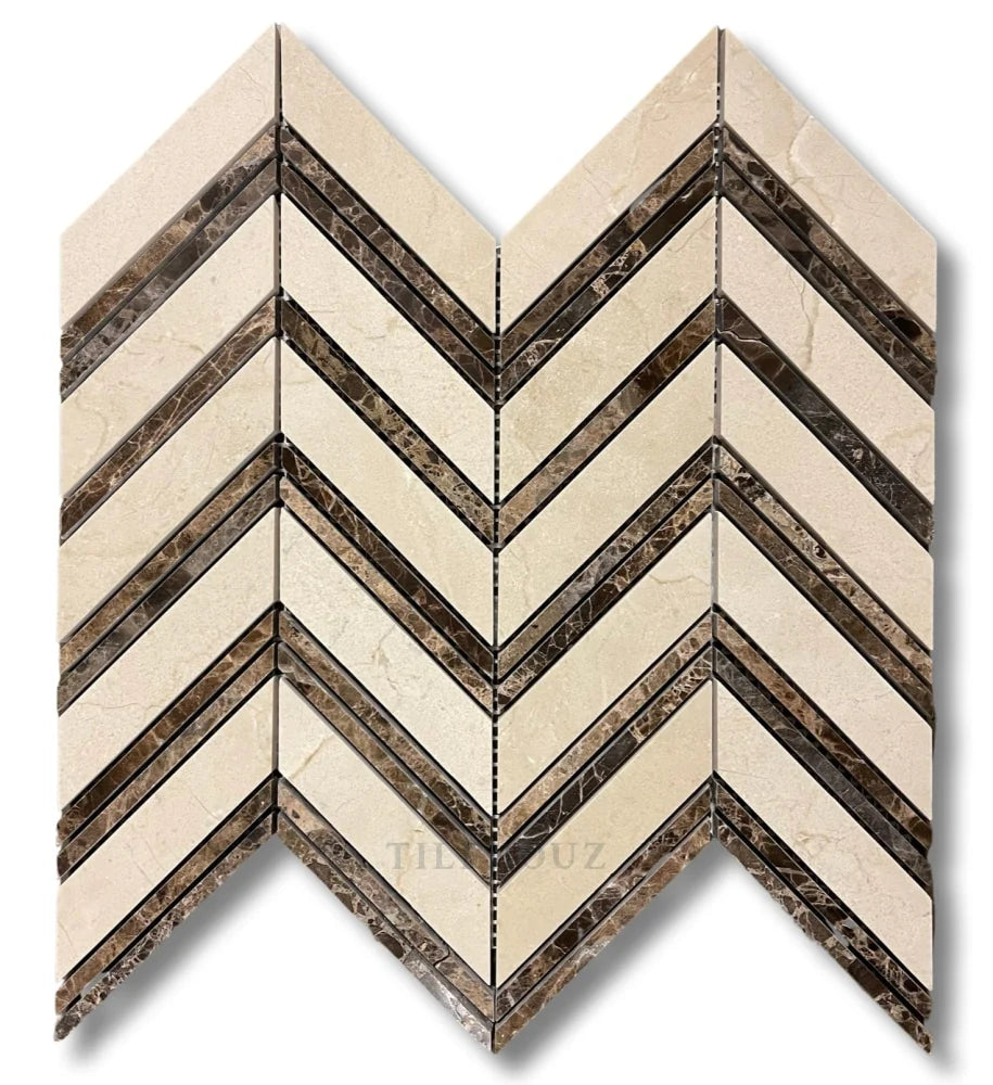 Crema Marfil Large Chevron w/ Emperador Dark Strips Mosaic Tile