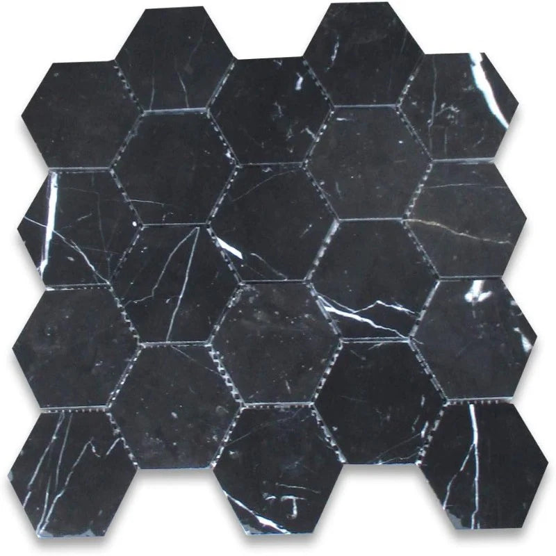 Nero Marquina Hexagon Mosaic Tile 3"