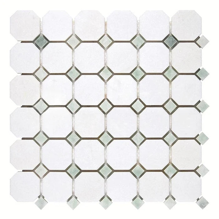 Thassos White 3/8 Octagon Marble Mosaic w/ Ming Green Dots