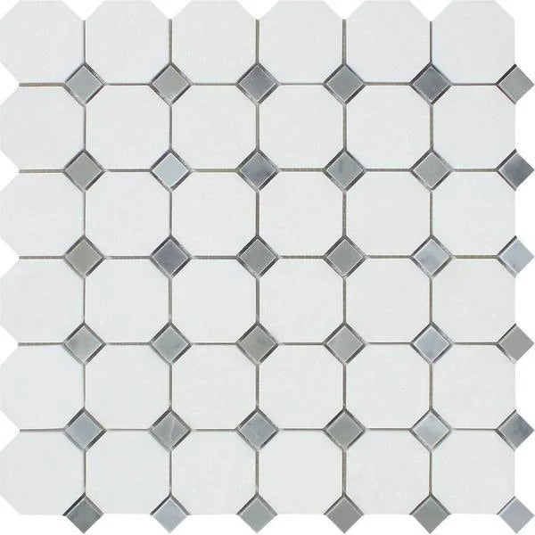 Thassos White 3/8 Octagon Marble Mosaic with Blue - Grey