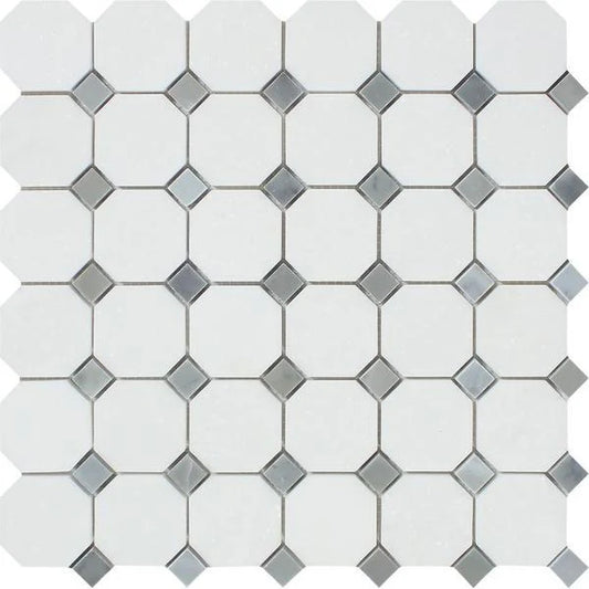 Thassos White 3/8 Octagon Marble Mosaic with Blue - Grey