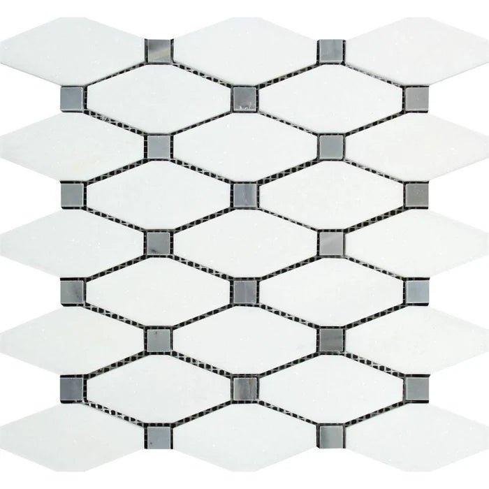 Thassos White Octave (Long Octagon) w/ Blue Grey Mosaic Tile