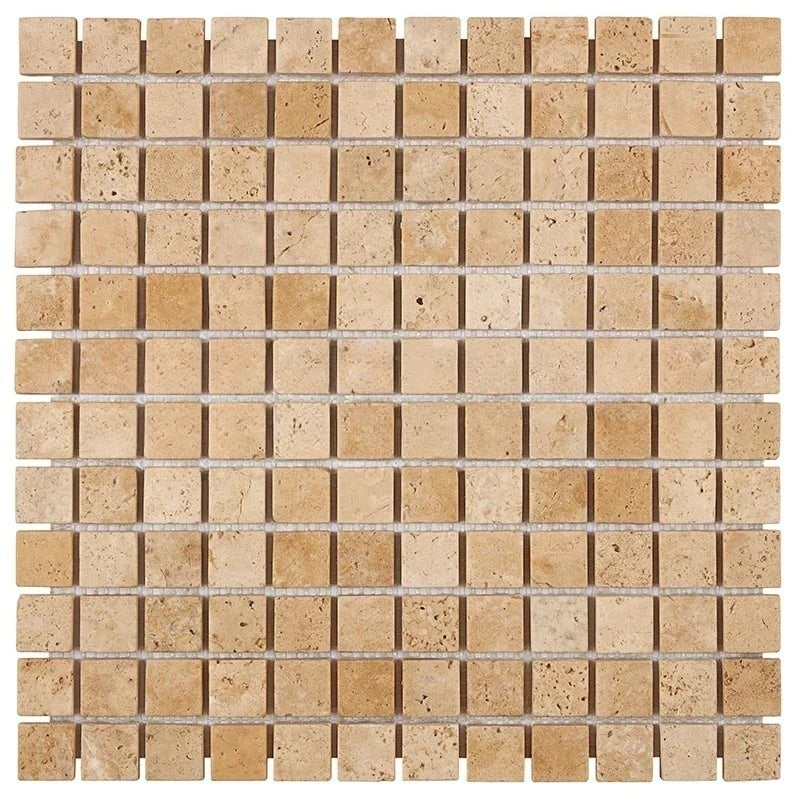 Walnut Travertine Tumbled Square Mosaic Tile 1x1"