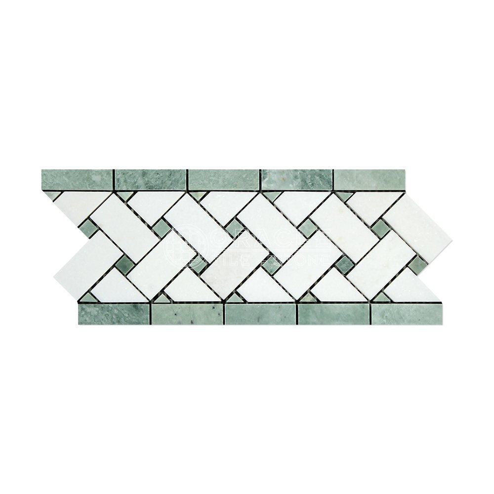 Thassos White Marble 4 3/4" X 12" 3/8 Polished Basketweave Border w/ Ming Green Dots