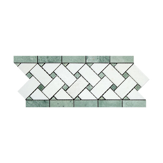 Thassos White Marble 4 3/4" X 12" 3/8 Polished Basketweave Border w/ Ming Green Dots