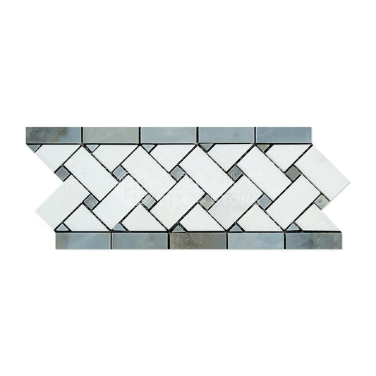 Thassos White Marble 4 3/4" X 12" 3/8 Polished Basketweave Border w/ Blue-Gray Dots