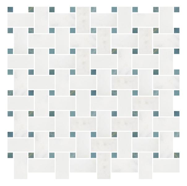 Afyon White Basketweave w/ Blue - Gray Dots Mosaic Tile