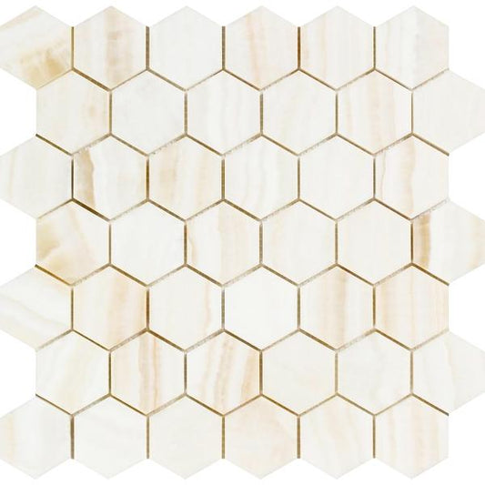 Bianco Onyx Polished Hexagon Mosaic Tile  2"