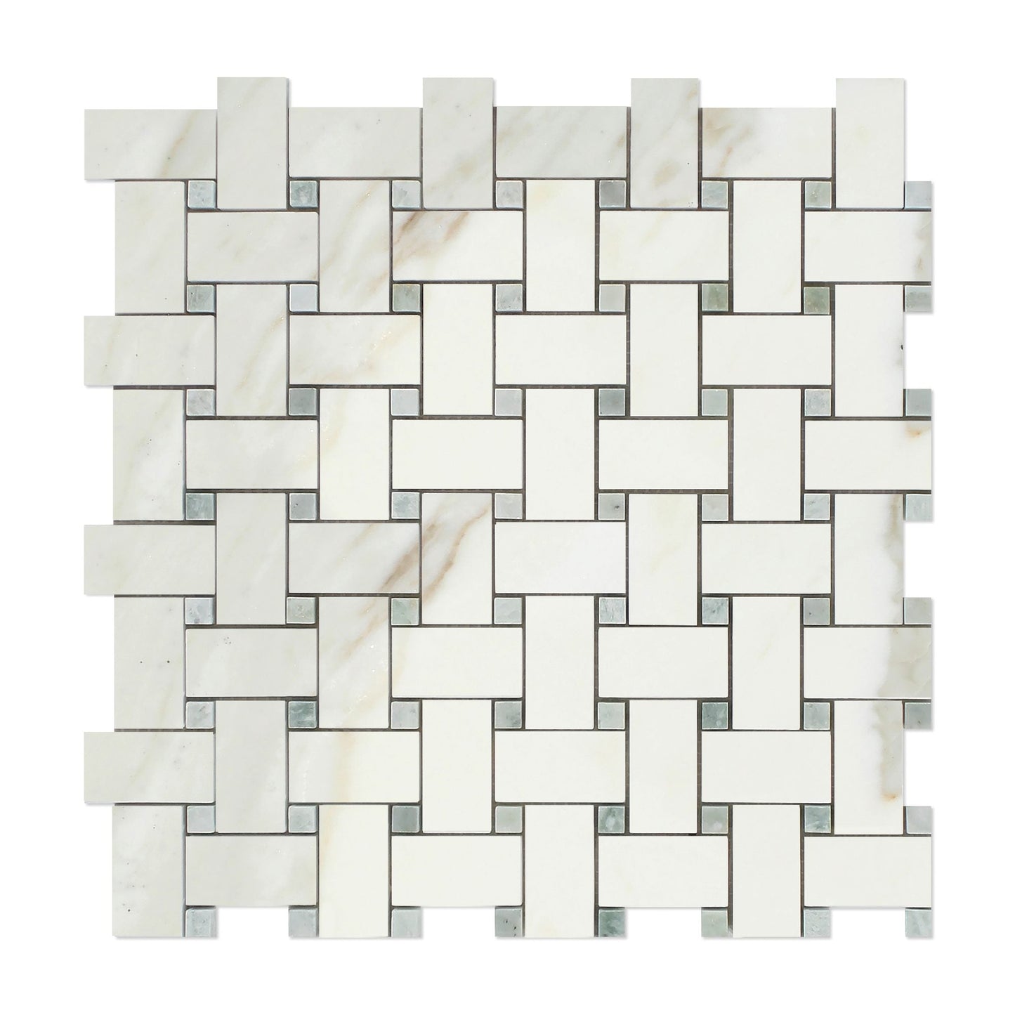 Calacatta Gold Basketweave w/ Blue - Gray Dots Mosaic Backsplash Wall Tile
