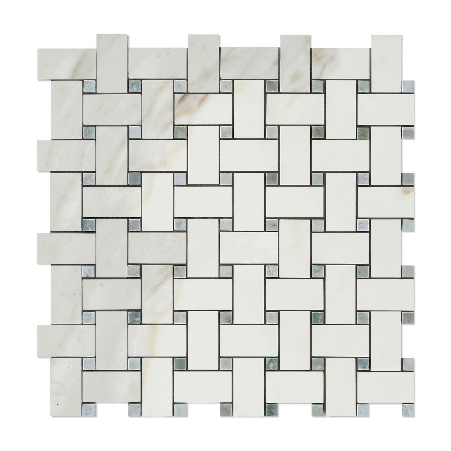 Calacatta Gold Basketweave w/ Ming Green Dots Mosaic Backsplash Wall Tile