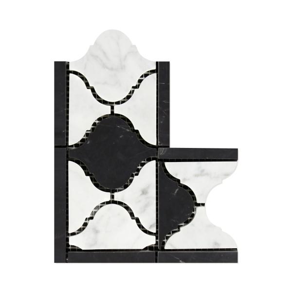 Carrara Italian White Arabesque Lantern Corner Border with Black