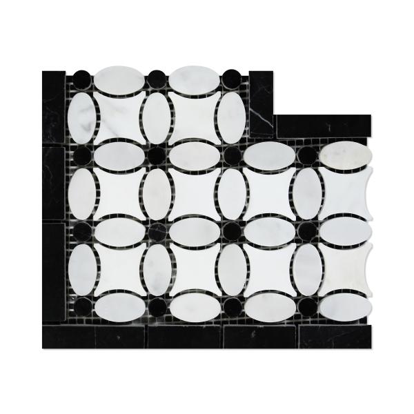 Carrara Italian White White Florida Flower with Black Corner Border Tile