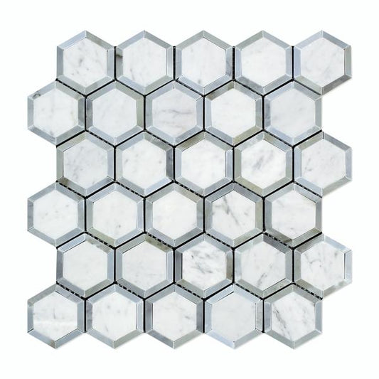 Carrara Italian Vortex Hexagon w/ Blue - Gray Mosaic Backsplash Wall Tile  2"