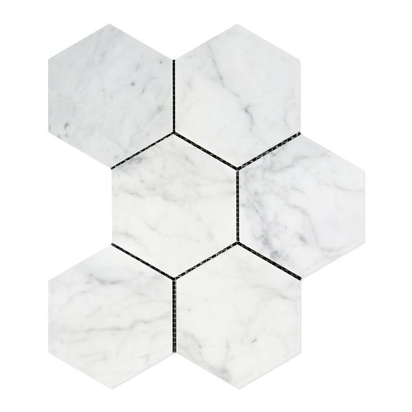 Carrara Italian Hexagon Mosaic Backsplash and Wall Tile  5"