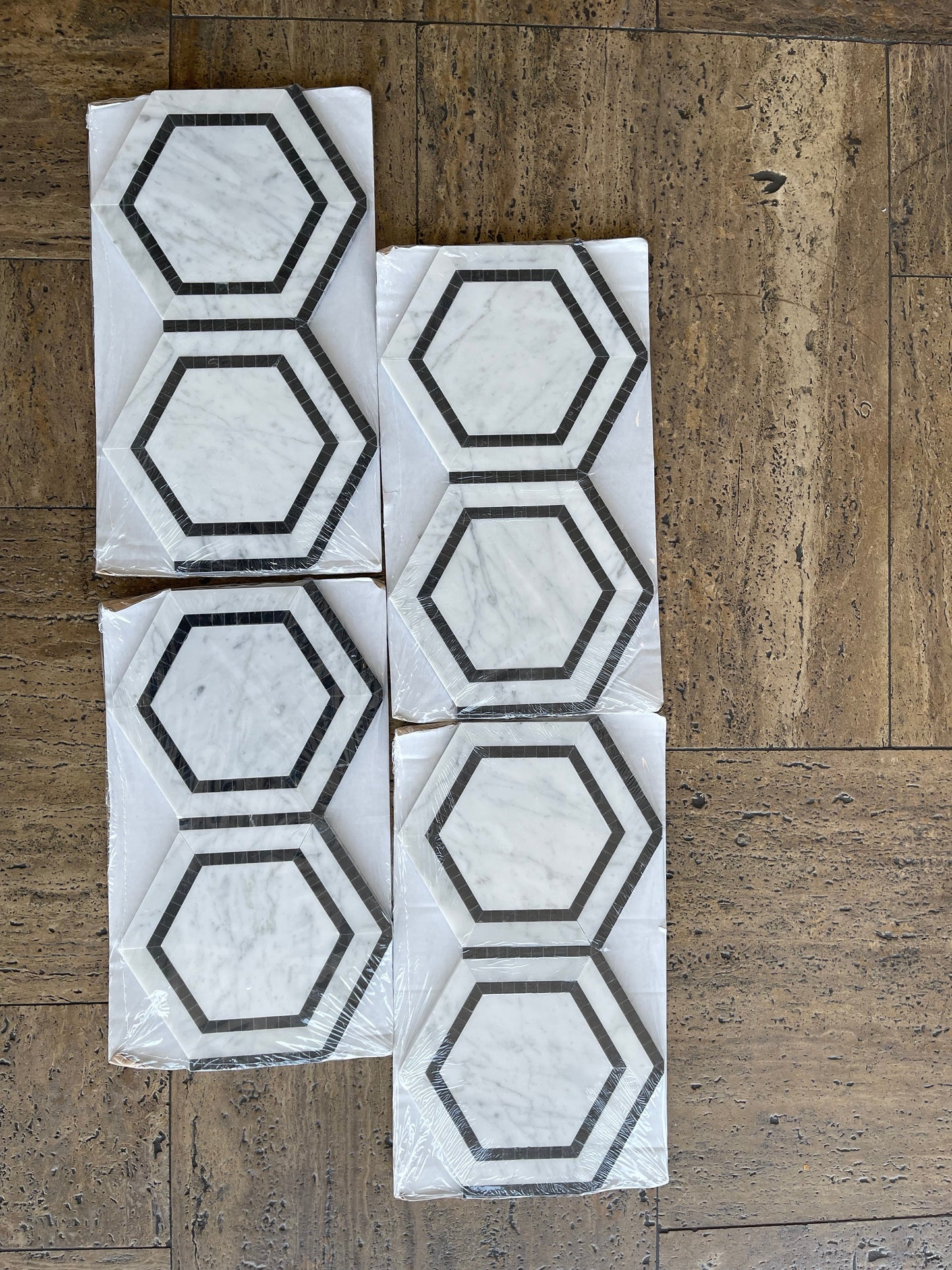 Carrara Italian Hexagon Combination w/ Black Mosaic Backsplash and Wall Tile  5"