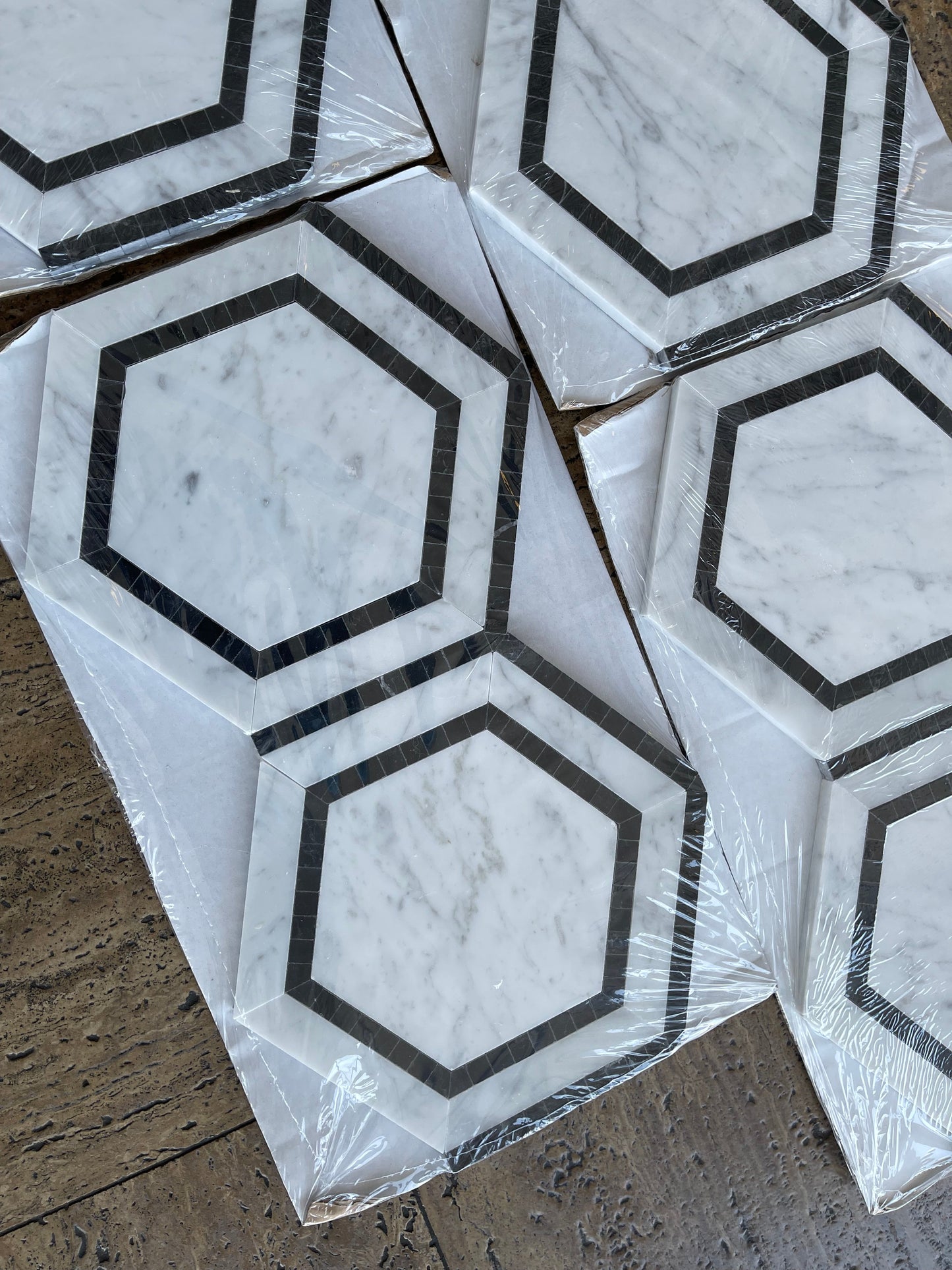 Carrara Italian Hexagon Combination w/ Black Mosaic Backsplash and Wall Tile  5"