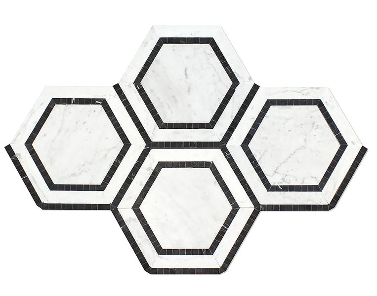 Carrara Italian Hexagon Combination w/ Black Mosaic Backsplash and Wall Tile  5"