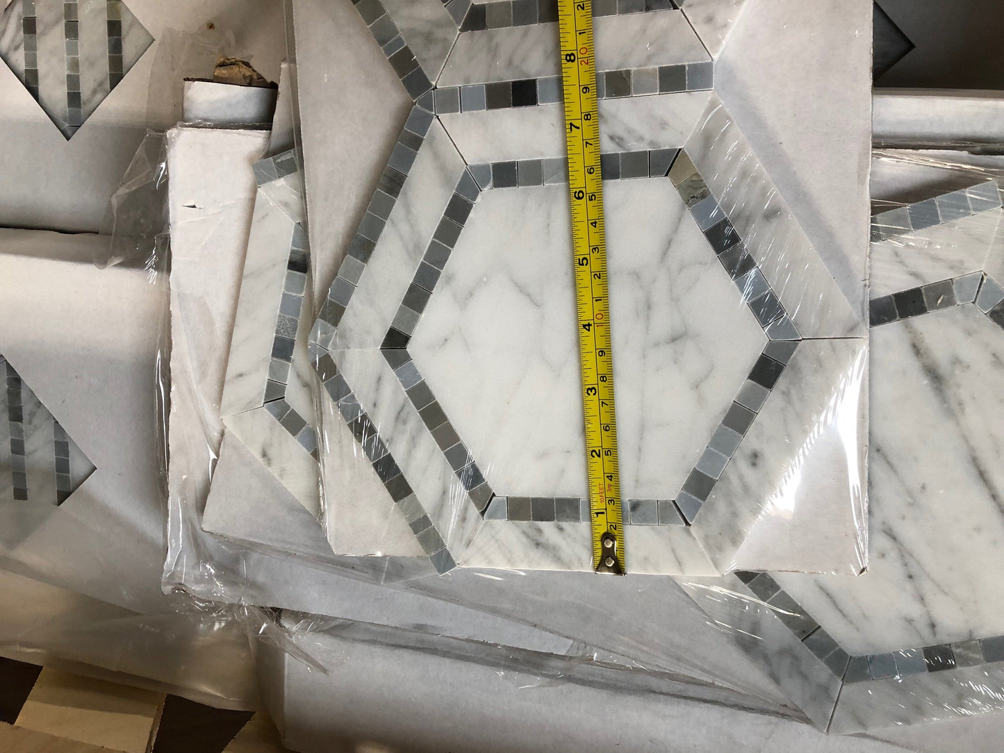 Carrara Italian Hexagon Combination w/ Blue - Gray Mosaic Backsplash and Wall Tile  5"