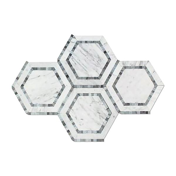 Carrara Italian Hexagon Combination w/ Blue - Gray Mosaic Backsplash and Wall Tile  5"