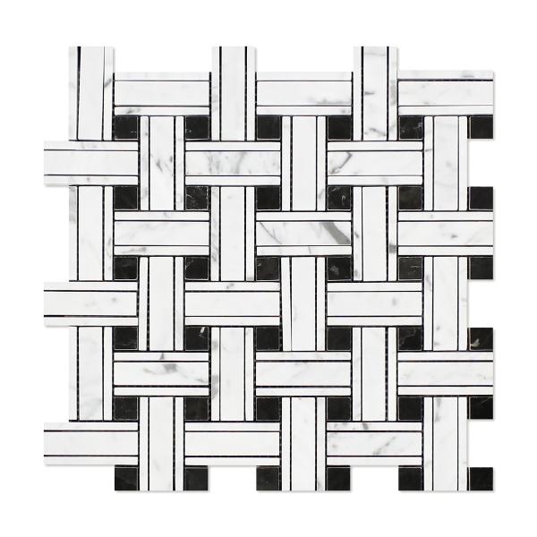 Carrara Italian White Triple Weave w/ Black Mosaic Backsplash Wall Tile