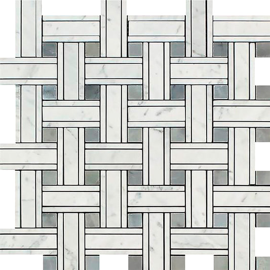 Carrara Italian Triple Weave w/Blue - Gray Mosaic Backsplash Wall Tile