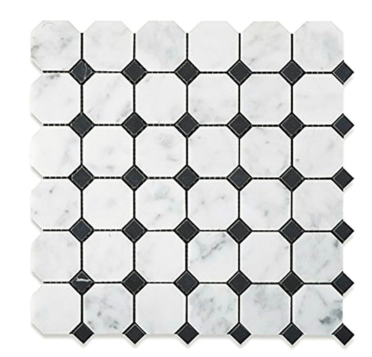 Carrara Italian Octagon w/Black Dots Mosaic Backsplash and Wall  Tile