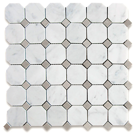 Carrara Italian Octagon w/ Blue - Grey Dots Mosaic Backsplash and Wall Tile