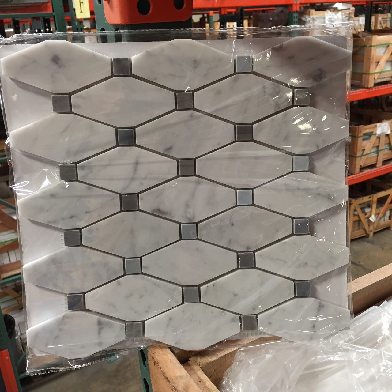 Carrara Italian Long Octagon w/ Blue - Gray Mosaic Backsplash and Wall Tile