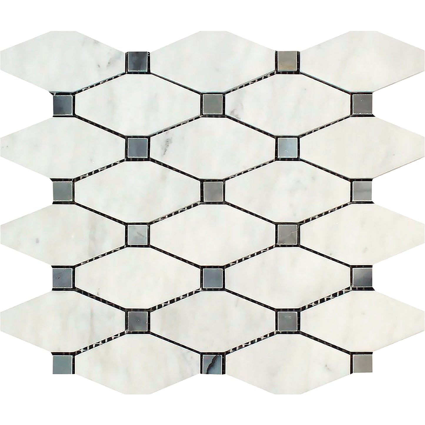 Carrara Italian Long Octagon w/ Blue - Gray Mosaic Backsplash and Wall Tile