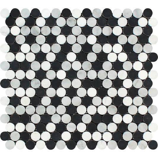 Carrara Italian Penny Round w/Black Mosaic Blachsplash and Wall Tile