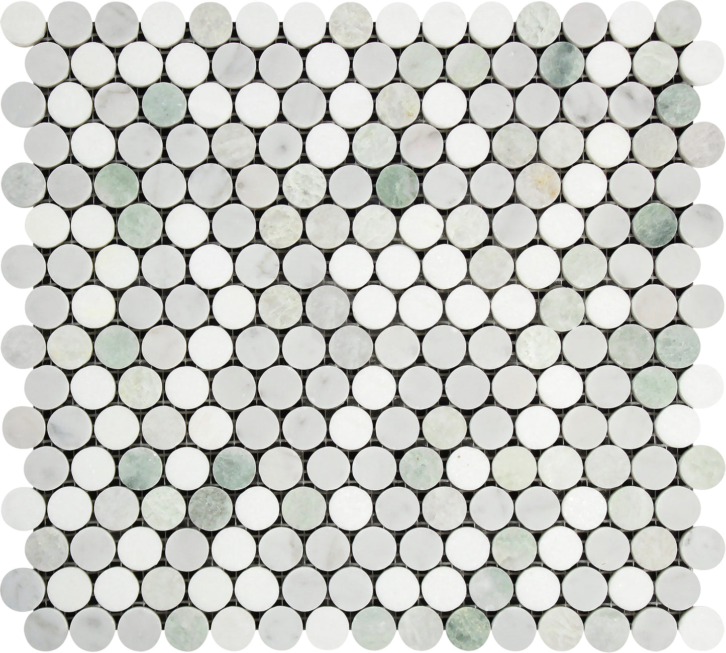 Carrara Italian  Penny Round w/Blue - Grey - Green Mosaic Backsplash Wall Tile