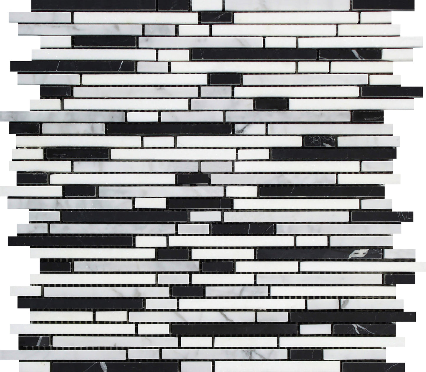 Carrara Italian Bamboo Sticks w/Blue - Black - Grey Mosaic Backsplash and Wall Tile