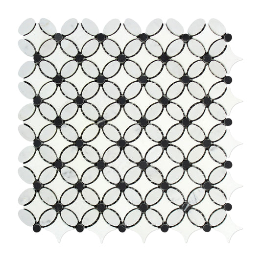 Carrara Italian White Florida Flower w/Black Dots Mosaic Backsplash Wall Tile