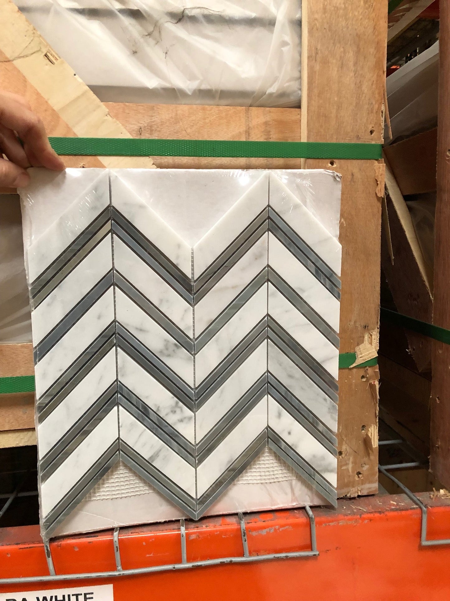 Carrara Italian Chevron w/Blue - Gray Mosaic Backsplash and Wall Tile