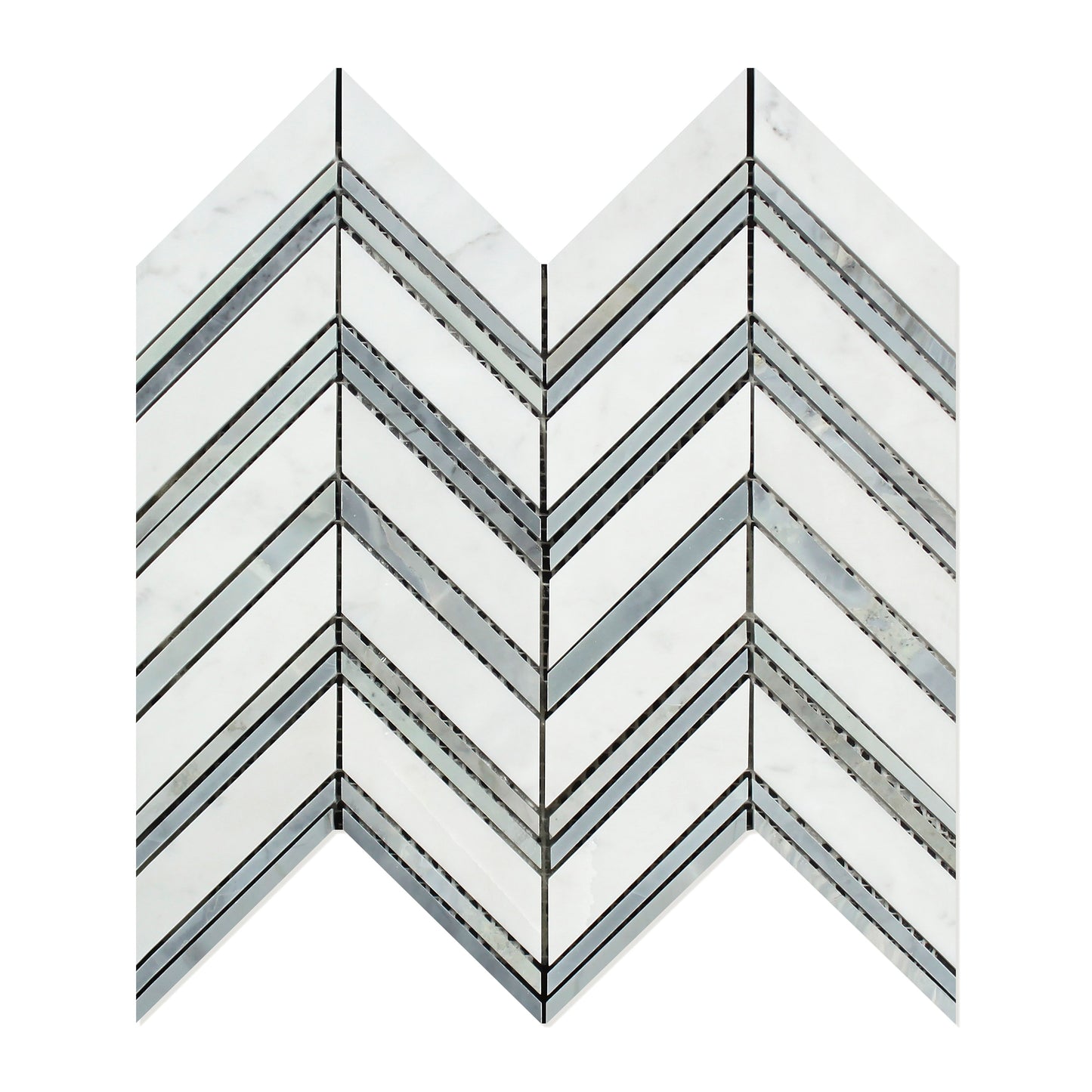 Carrara Italian Chevron w/Blue - Gray Mosaic Backsplash and Wall Tile