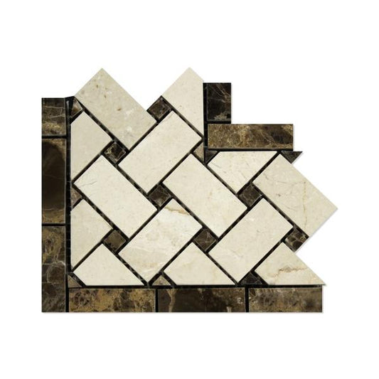 Crema Marfil Polished Basketweave w/ Emp. Dark Border Corner Tile