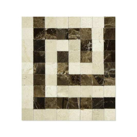 Crema Marfil Polished w/Emp Dark Greek Key Border Corner Tile