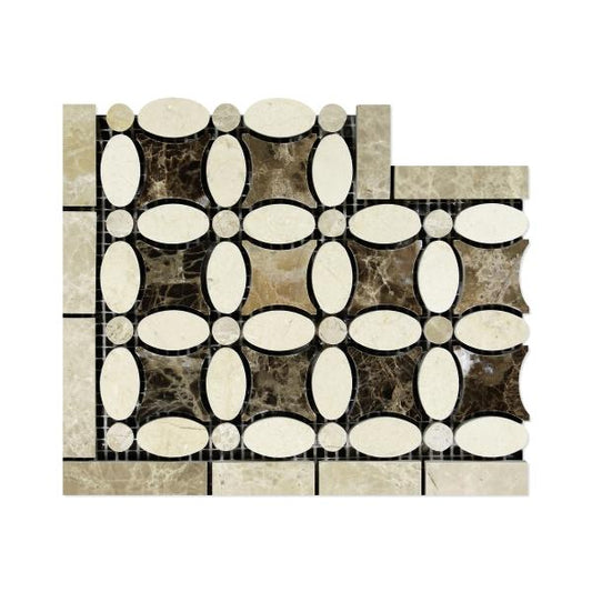 Crema Marfil Polished w/Emp Light + Emp Dark Florida Flower Border Corner Tile