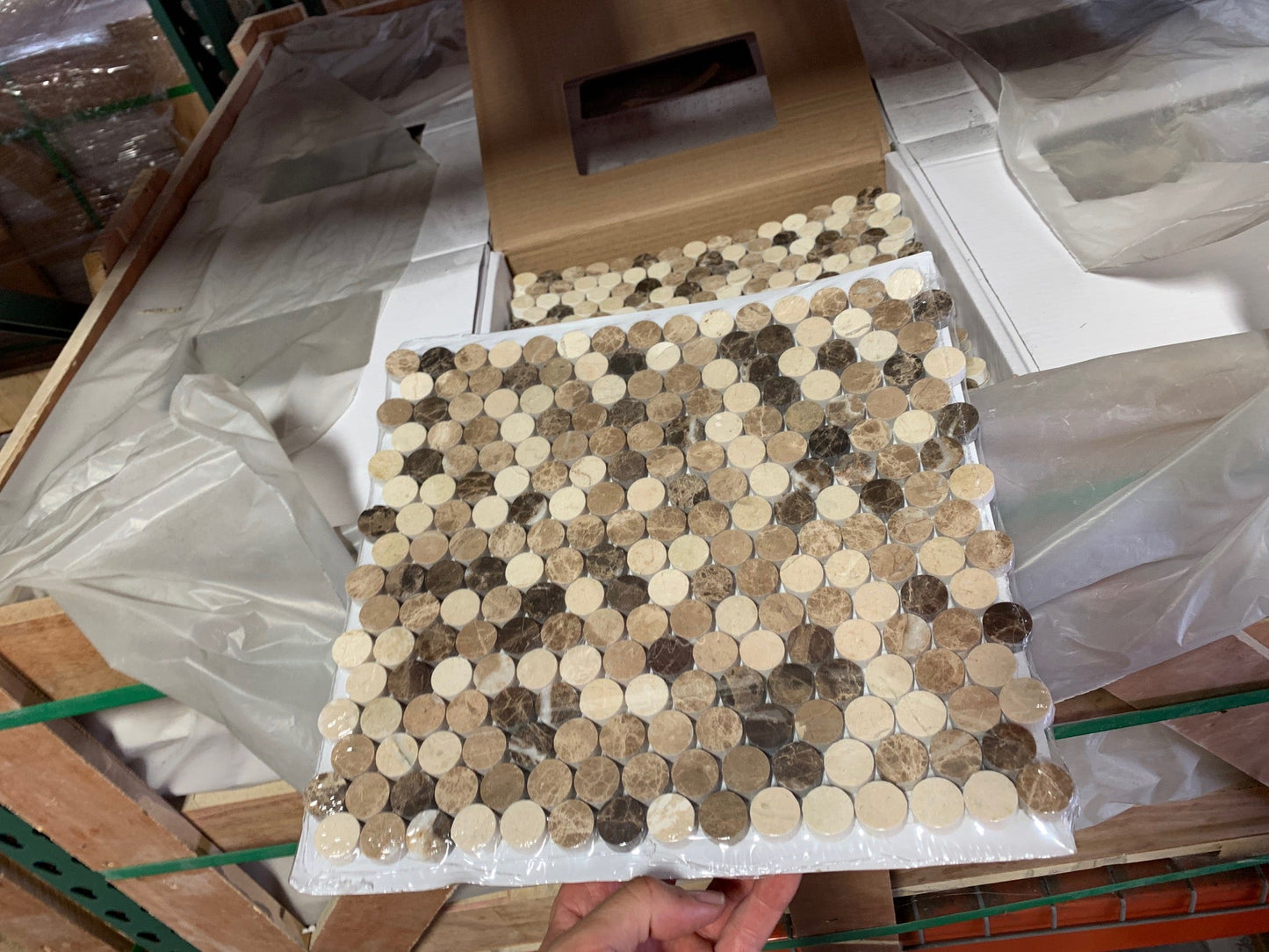 Crema Marfil Mixed Penny Round Polished Mosaic Tile