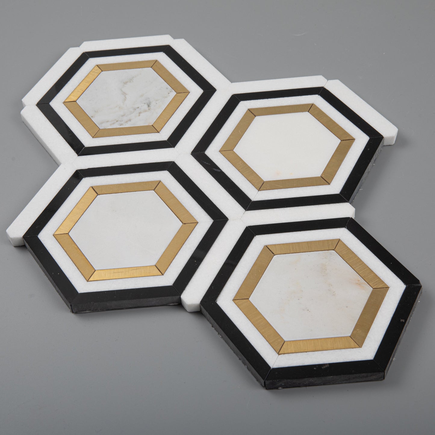 Calacatta Gold Marble Hexagon w/ Black & Brass - Polished Mosaic Tile