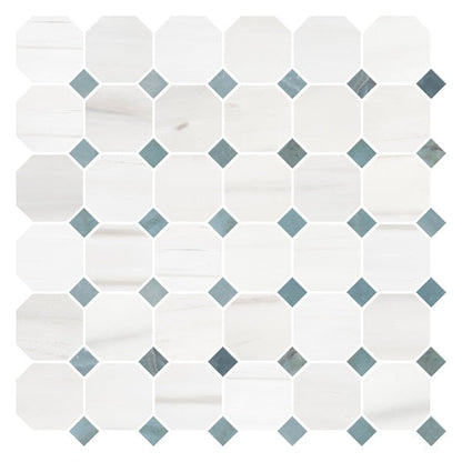 Bianco Dolomite Polished Octagon w/ Blue - Gray Dots Mosaic Tile