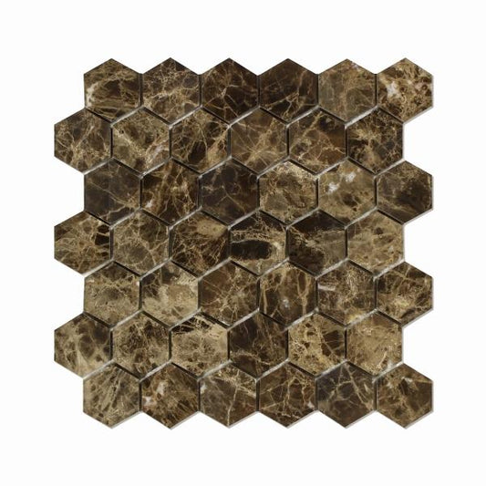 Emperador Dark Hexagon Mosaic Tile 2x2"