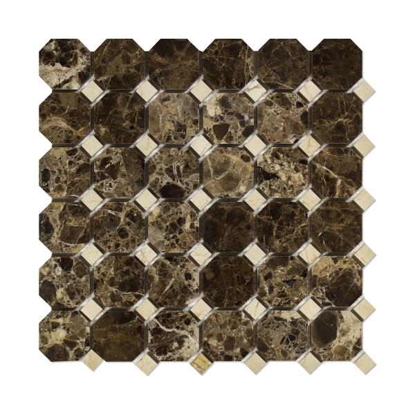 Emperador Dark Polished w/ C. Marfil Dots Octagon Mosaic Tile