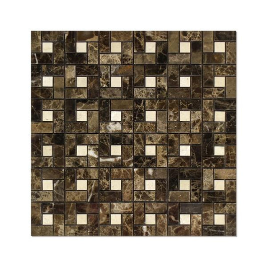 Emperador Dark Polished w/ C. Marfil Dots Pinwheel Mosaic Tile
