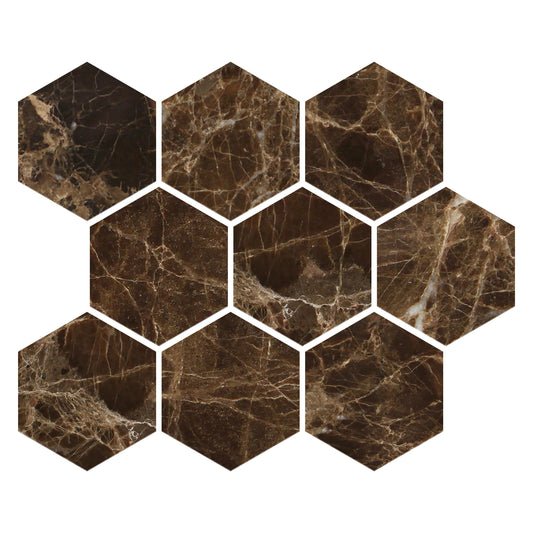 Emperador Dark Polished Hexagon Mosaic Tile 3x3"