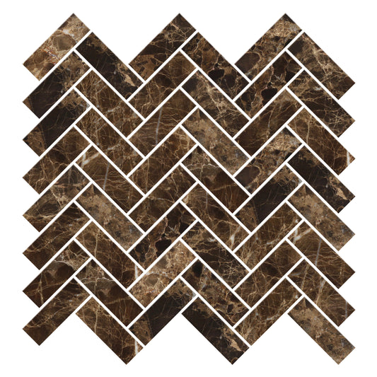 Emperador Dark Polished Herringbone Mosaic Wall and Floor Tile 1x3"