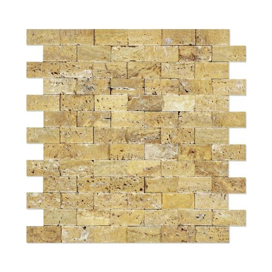 Gold Travertine Split Faced Brick Mosaic Wall Tile 1x2"